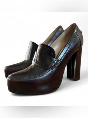 Theory | Brown Platform Penny Loafer Leather
Heel Pumps Size 37.5 US 7.5 Woman’s